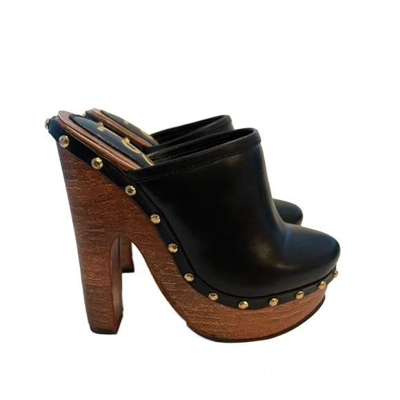 FSJ Black Studded Platform Mules with Wooden Heel NWT - Picture 5 of 10